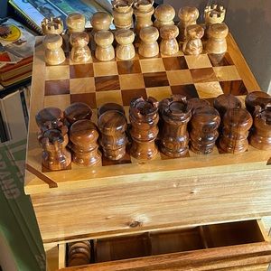 Collection of hard wood hand made boxes and a 5 in 1 game box, chess and more